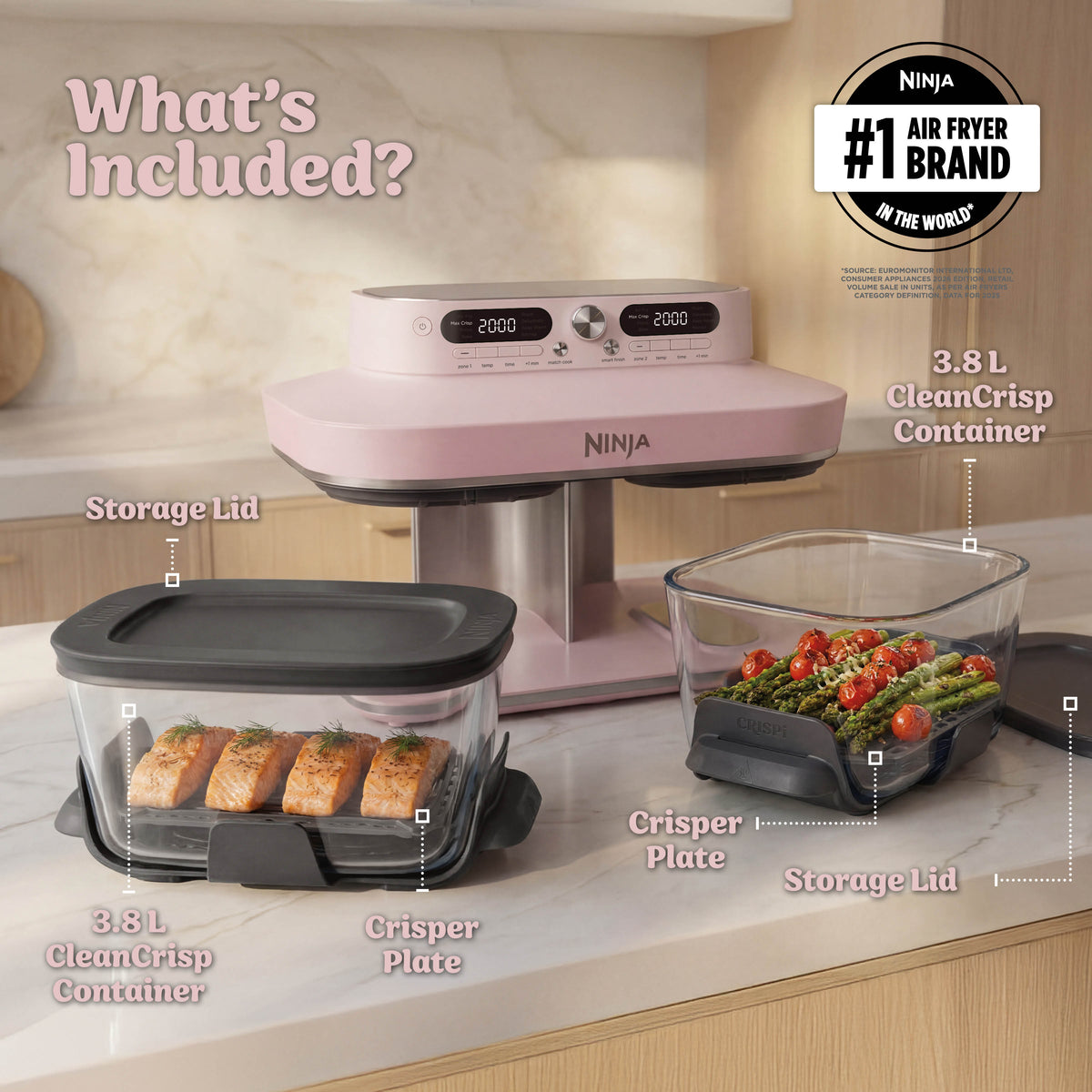 Ninja CRISPi DualZone 8-in-1 Function Glass Air Fryer - Rose Quartz DD102UKPK1