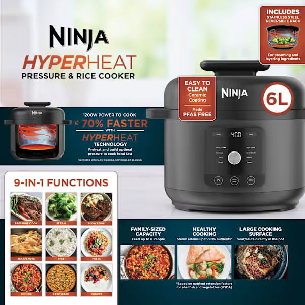 Ninja HyperHeat 6L 9-in-1 Pressure & Rice Cooker PC201UK