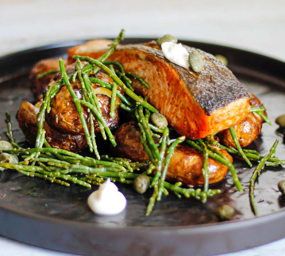 Grilled Salmon, Provencal Potatoes & Samphire Lemon Aioli