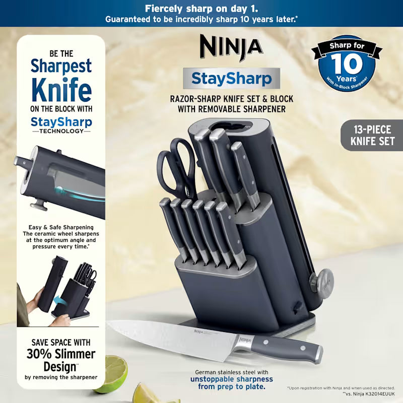 Ninja StaySharp 13-Piece Knife Block Set & Removable Sharpener - Black NK32013EUUKBK1