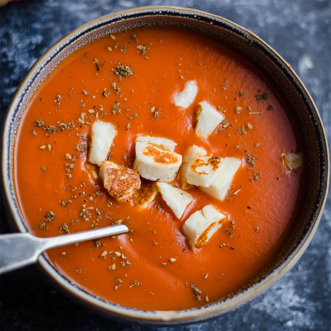 Spiced Tomato, Lentil and Carrot Soup with Halloumi Croutons